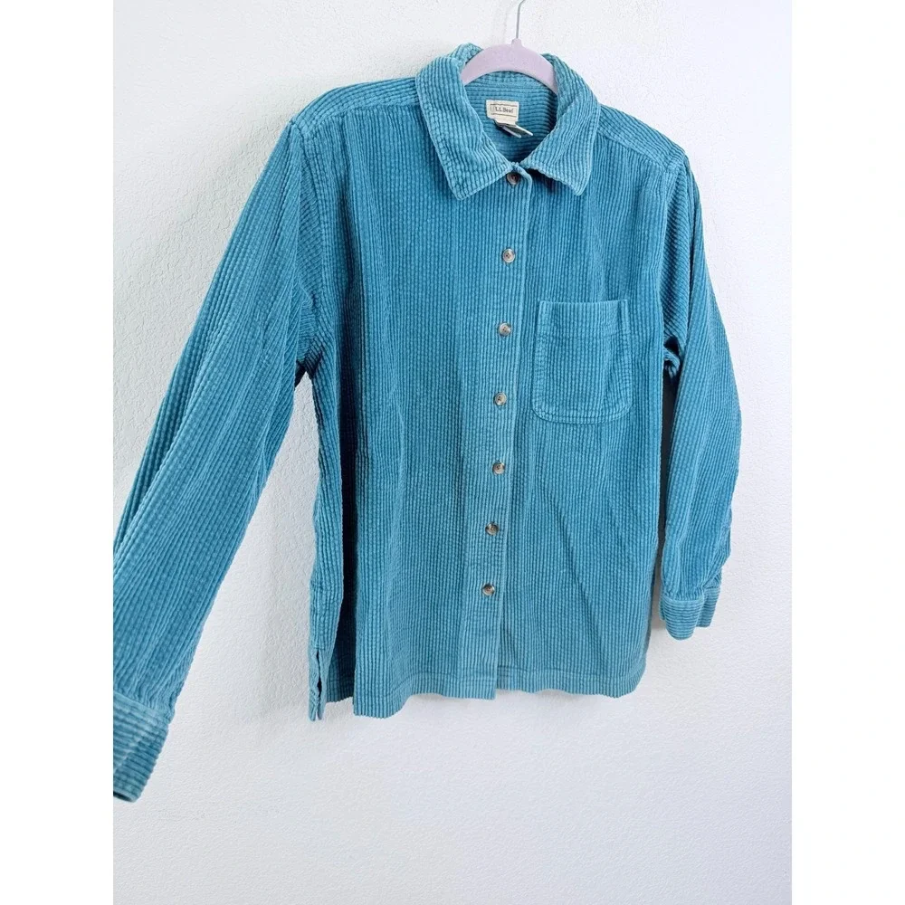 L.L.Bean Corduroy Shirt Women's M Teal Blue Button Front Cotton Outdoor Vintage - Picture 3 of 5